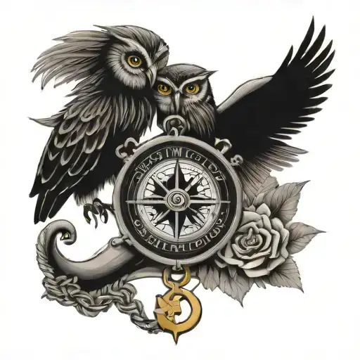 Anchor And Compass With 2 Owls And Names Sally And Sigge