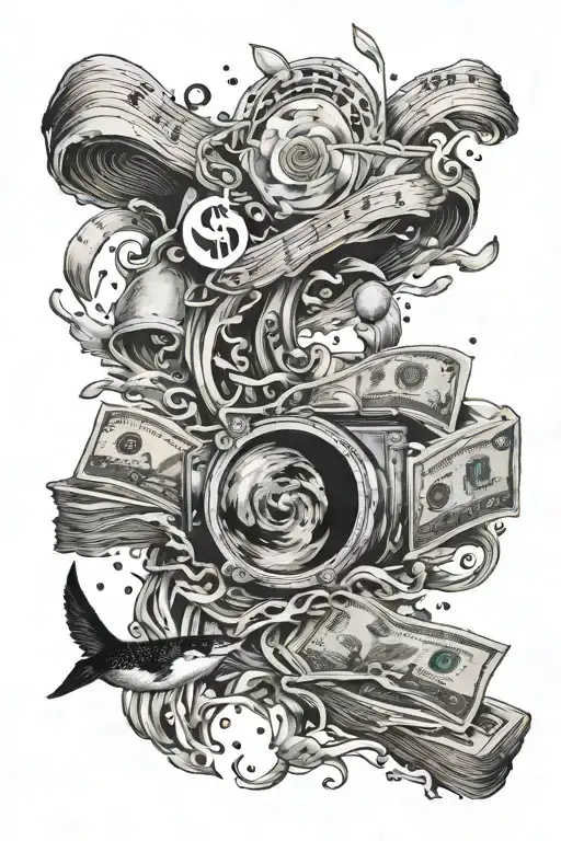 A Cosmic Ocean Scene With Money Floating In The Water And Music Notes In The Sky