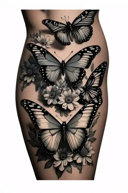 6 Butterflies With Birthdays On The Wings Down The Thigh With 3 Flowers