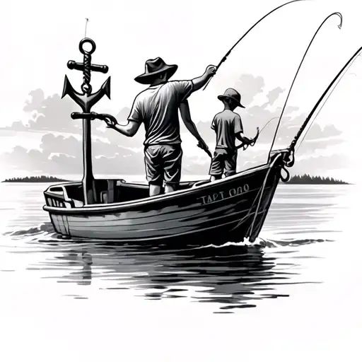 Father And Teen Son Fishing Off A Boat Anchor Hanging