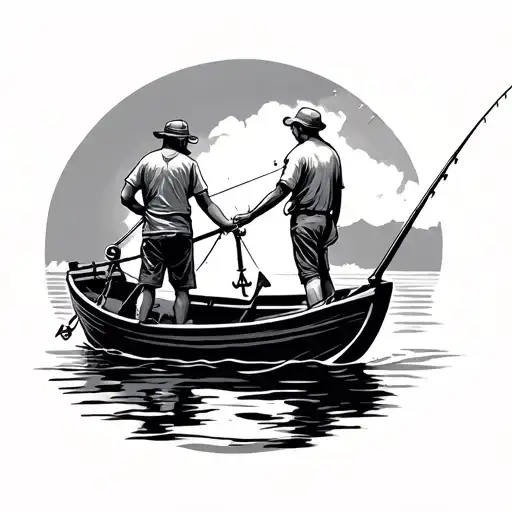 Father And Teen Son Fishing Off A Boat Anchor Hanging