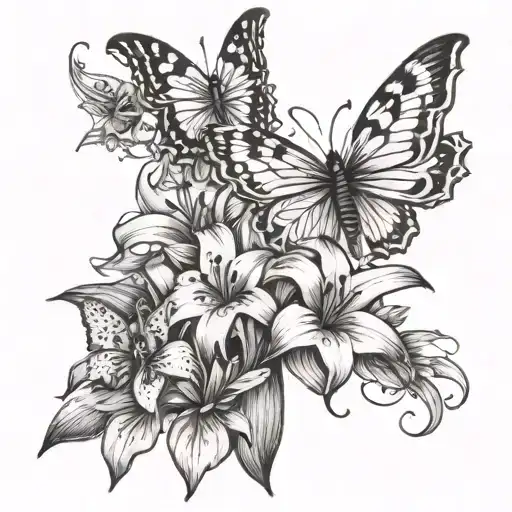 Cross Surrounded By Tiger Lilly's And Butterfly Perched