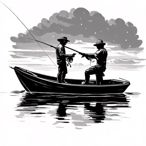 Father And Son Fishing Off A Boat Floating