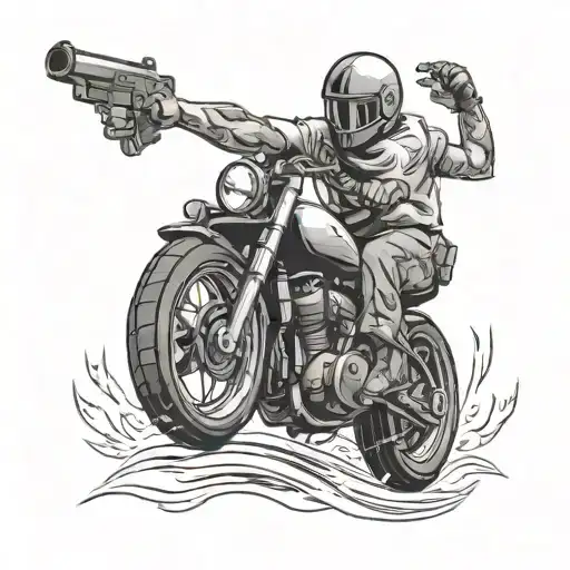 A Motorcyclist Rides On One Wheel And Holds A Gun In His Hands