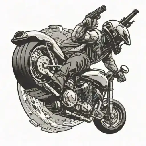 A Motorcyclist Rides On One Wheel And Holds A Gun In His Hands