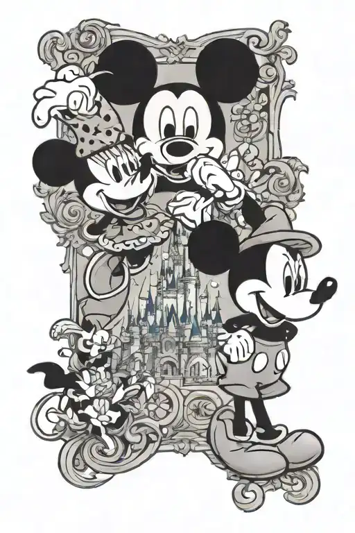 Mickey And Minnie Mouse Standing In Front Of The Four Disney World Park Icons