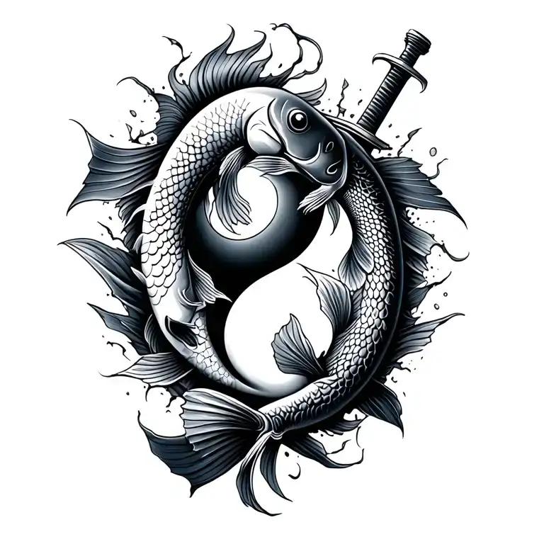 Two Fish Representing Ying An Yang With A Sword Which Breaks Trying To Damage The Ying And Jung Fish