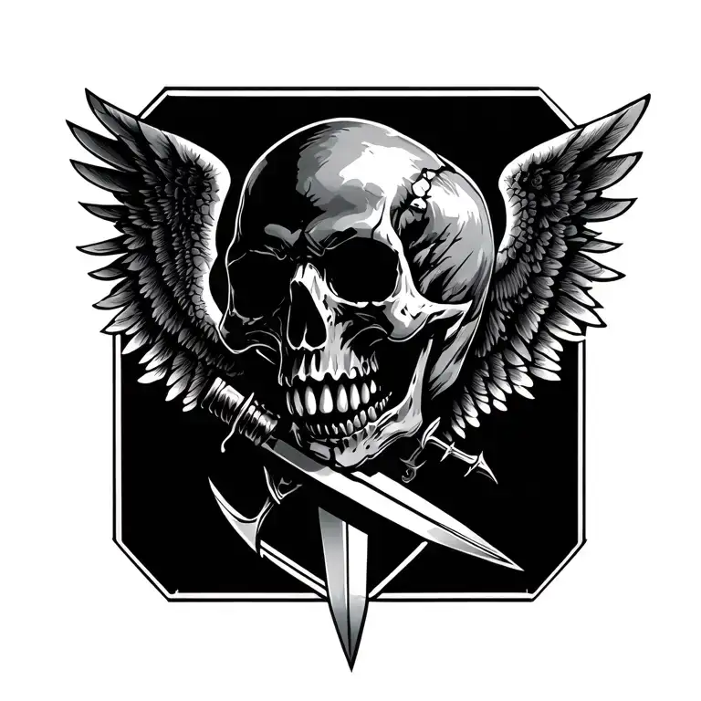 Skull With Wings And Sword And Sharp Teeth