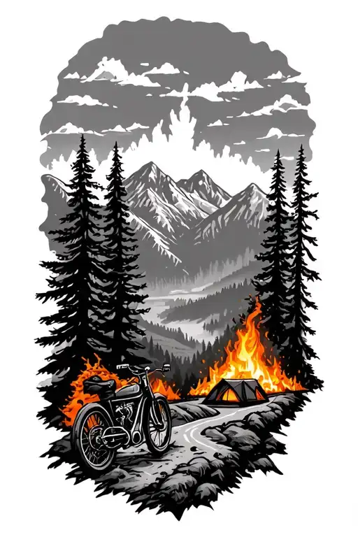 Mountains And Bikes And Camps And Fire And Road Leading