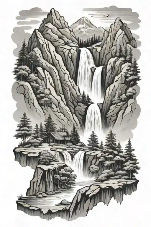 Waterfall Mountains With Family