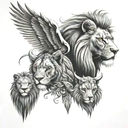 Lion Face And Phenix With A Cub