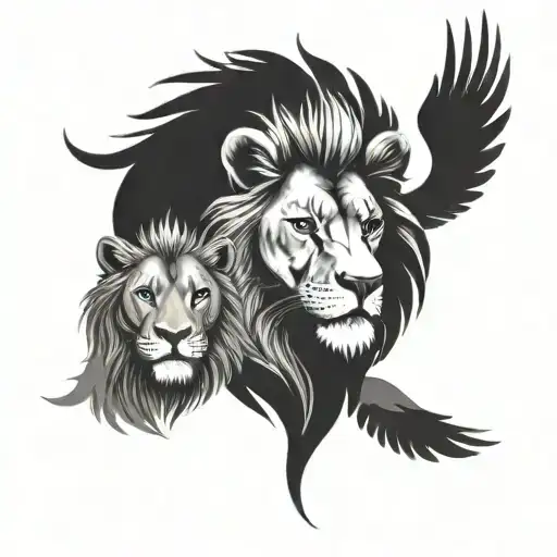 Lion Face And Phenix With A Cub