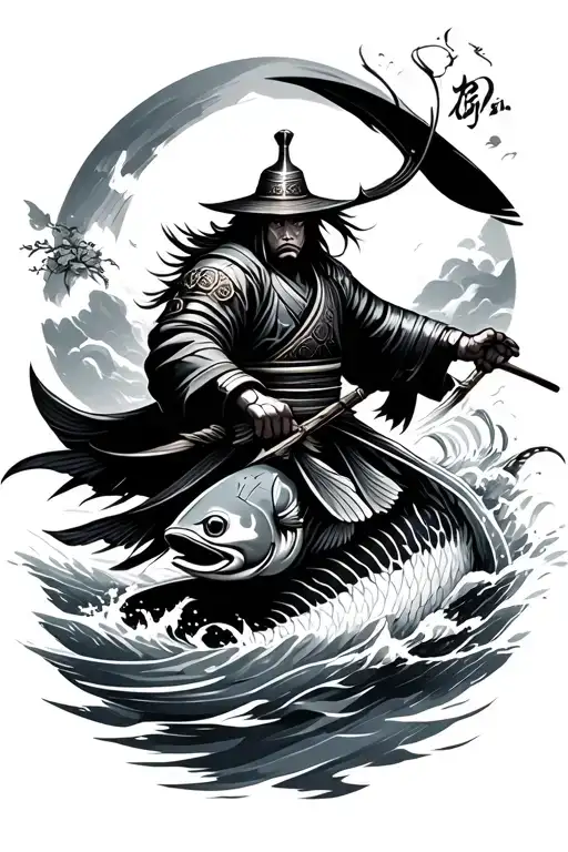 Japanese Samurai Warrior With Que Fish Swimming Upstream