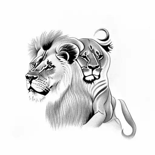 Male Lion Protecting Two Lion Cubs