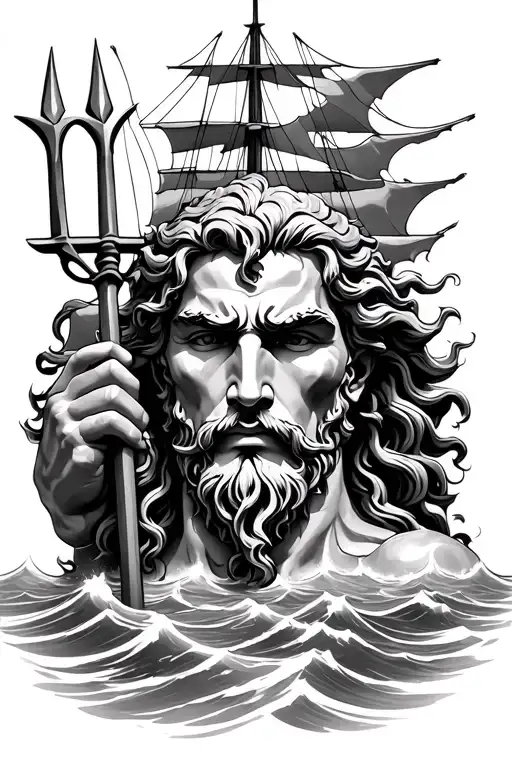 Poseidon Head Above A Ship Holding A Trident Realism