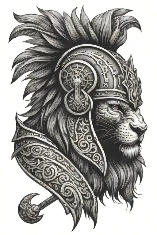Lion And Gladiator Helmet Adorned With Intricate