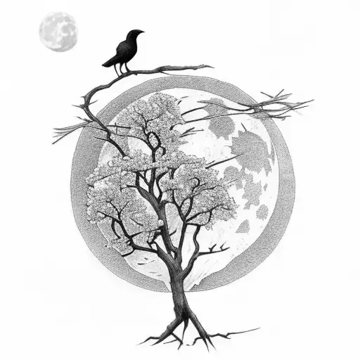 A Crow On A Tree Branch With The Moon In The Background With Dalilas At The Bottom And Iris Flowers