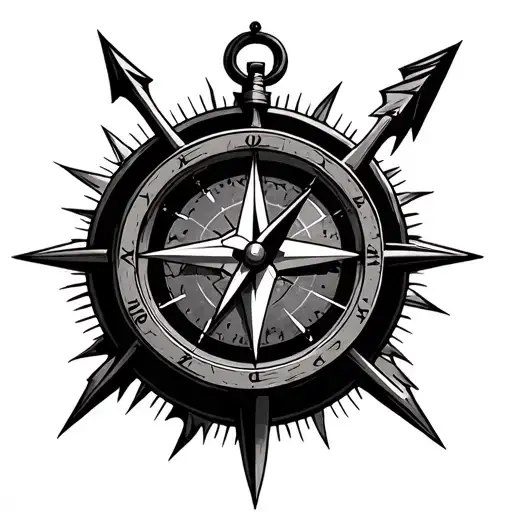 Half Clock Have Compass With An Arrow Piercing Both Upwards And Across