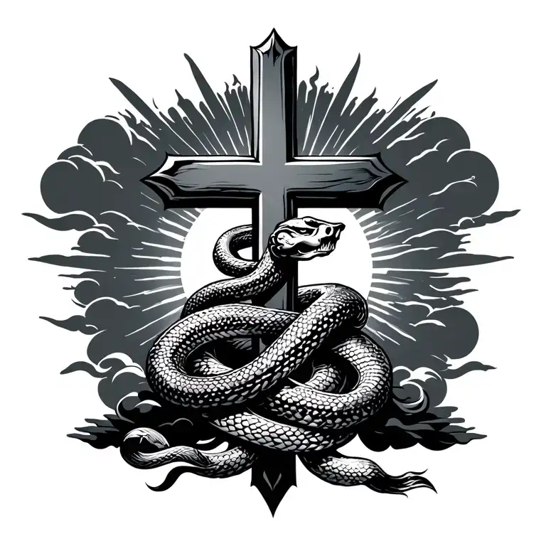 Christian Cross With Snake Wrapped And Clouds Below Cross With Sun Above And Behind Cross
