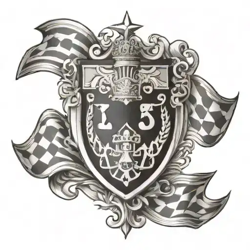 A Family Crest Featuring Racing Flags And Money Symbols