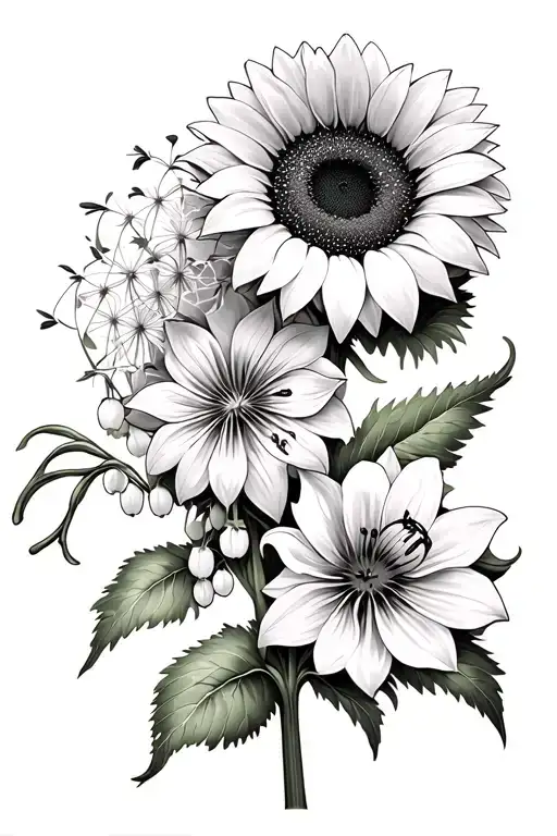 Sunflower With Dandelion And Lilly Of The Valley