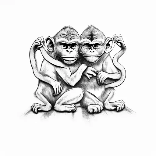 4 Wise Monkeys Sitting Together In A Line