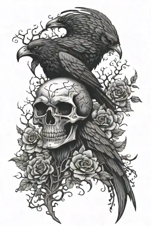 Demon Crow On A Forest With Skulld A Flowers