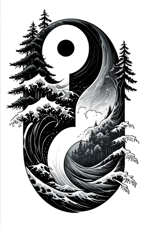 Yin Yang Symbol With A Wave As The Left Half Crashing Into A Pine Forest Right Half