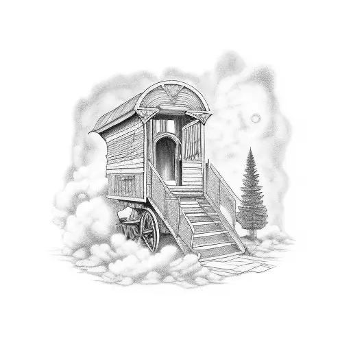 Stairway To Heaven With Music Notes And On Too Of The Stairs A Gypsy Wagon Home