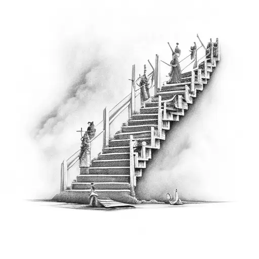 Long Stairway To Heaven With Music Notes And On Too Of The Stairs A Gypsy Wagon Home