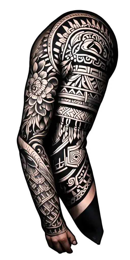 Mexican Aztec And Japanese Inspired Arm Sleeve Tattoo - No People