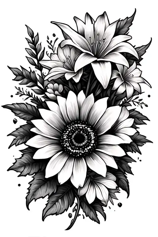 Floral Arm Sleeve Including A Sun Flower Plumarias And Lily Flowers With Leaves Surround Them