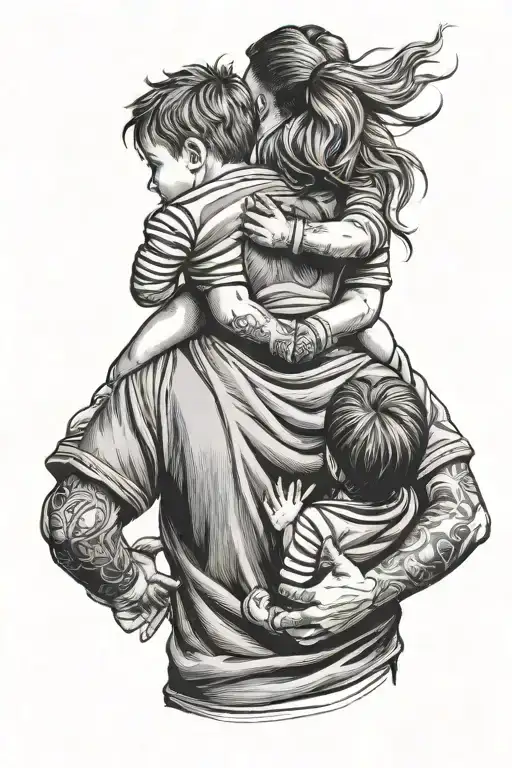 Football Fan From Behind With A Child On His Shoulders And A Little Girl Holding His Hand