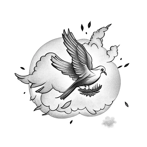 Dove Flying Into Clouds With Sun And Flowers