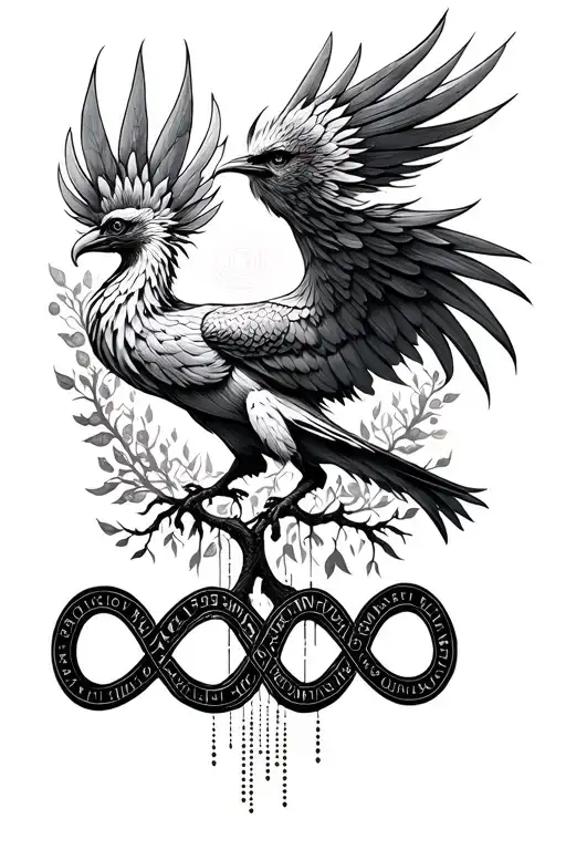 Phoenix Bird With Infinity Symbol Made By Morse Code And Tree Of Life