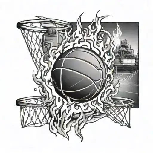 Basketball With A Court Inside It And Fire Behind It