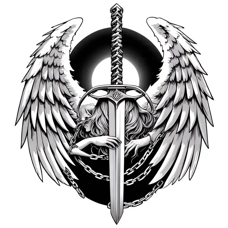 Angel And Devil Wings Connected By A Chain And A Sword Down The Spine