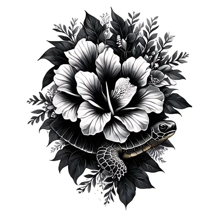Turtle And Hibiscus Flowers