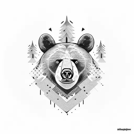 Black Bear Face With Pine Trees Around