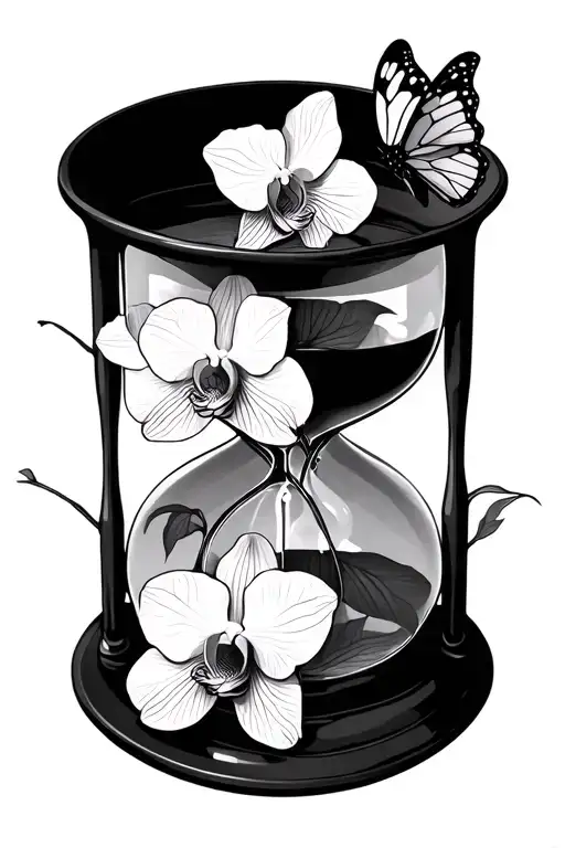 Hour Glass With Orchids And Butterflies