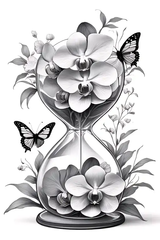 Hour Glass With Tons Of Orchids Intertwined And Butterflies