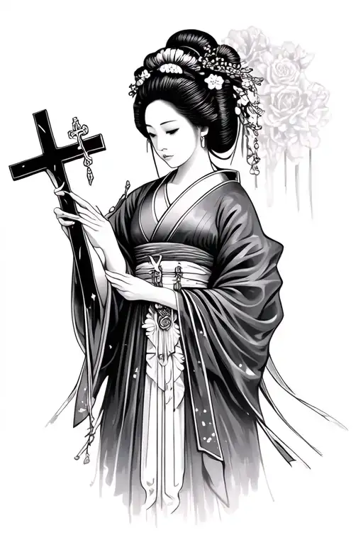 A Geisha Holding A Christian Cross