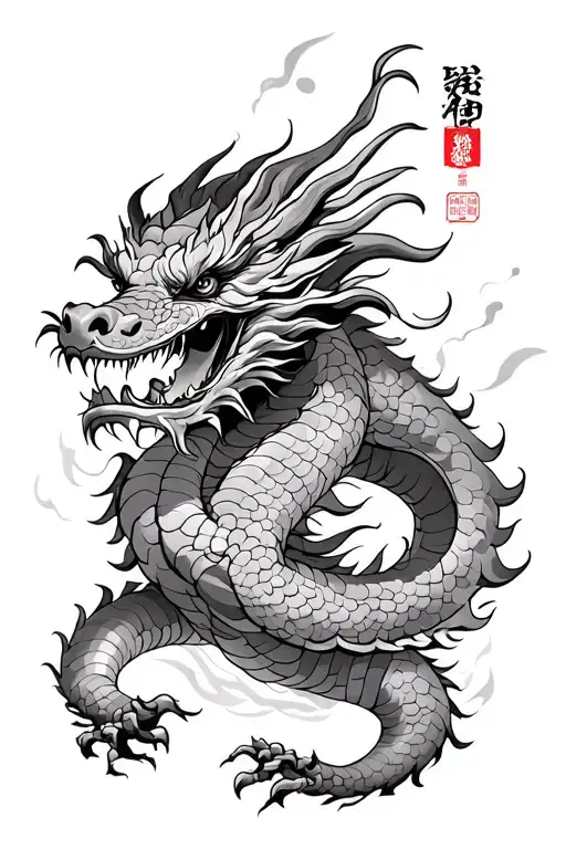 Trad Japanese Dragon With Thatch Building Burning In Background