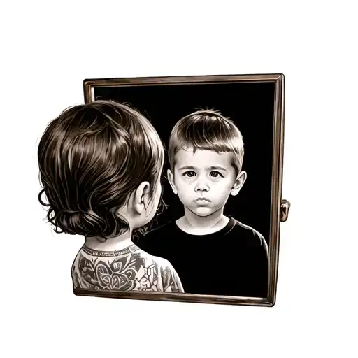 Brown Little Girl Looking At The Reflection Of Herself In A Mirror But Sees Herself As A Little Boy