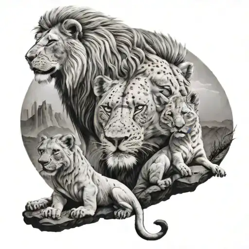 A Lion On A Cliff Defending His Wife And 2 Welps Against Hyena's