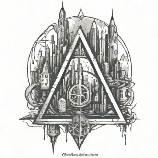 Deathly Hallows Symbol Cyberpunk Cityscape
