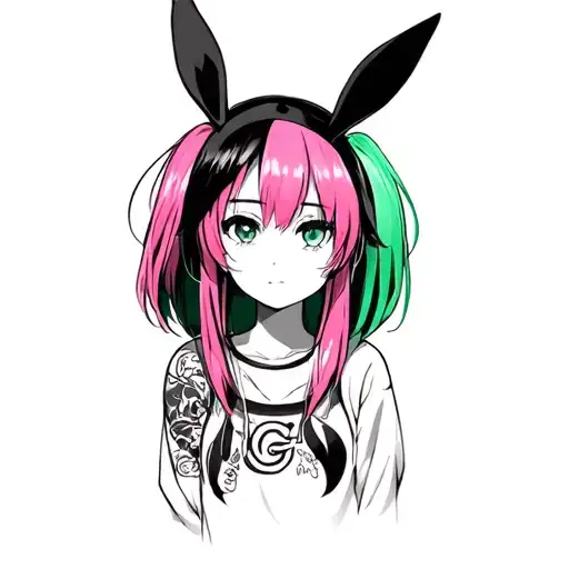 Cute Anime Girl With Pink And Green Hair And Bunny Ears In Naruto Style