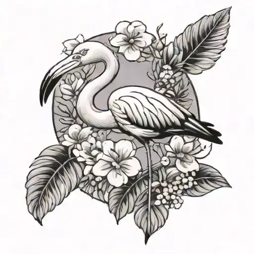 Flamingo With A Lilac Bush Behind It From Top Right