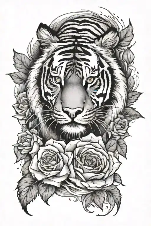 Tiger With Waterfall Surrounded By Roses