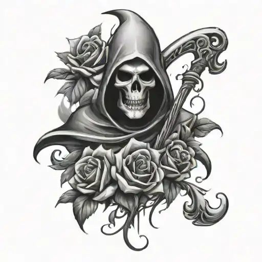 Grim Reaper With Roses And Lily Flower